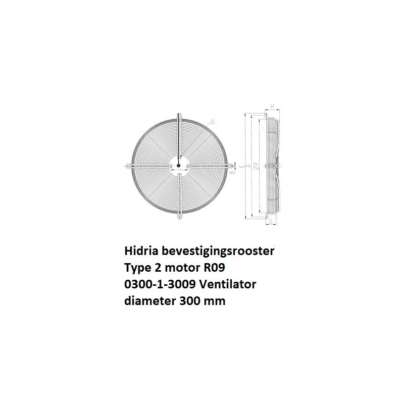 type 2 motor R09 300mm Hidria bevestiging rooster plaatbevestiging