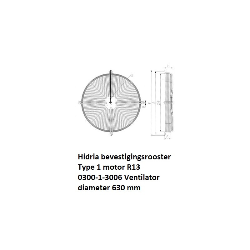 type1 motor R13 630mm Hidria bevestiging rooster plaat bevestiging