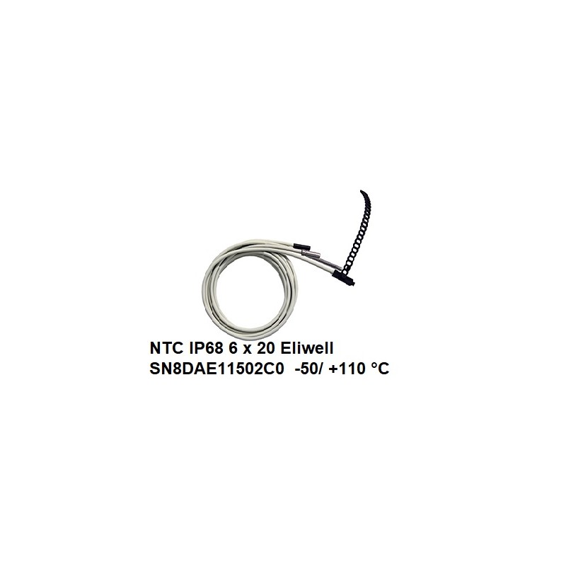 NTC IP68/ 6 x 20 Eliwell temperatuur sensor. -50°C / +110°C. 1,5 mtr.