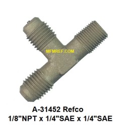 A-31452 Refco Tee válvula Schrader 1/8"NPT x 1/4"SAE x 1/4"SAE