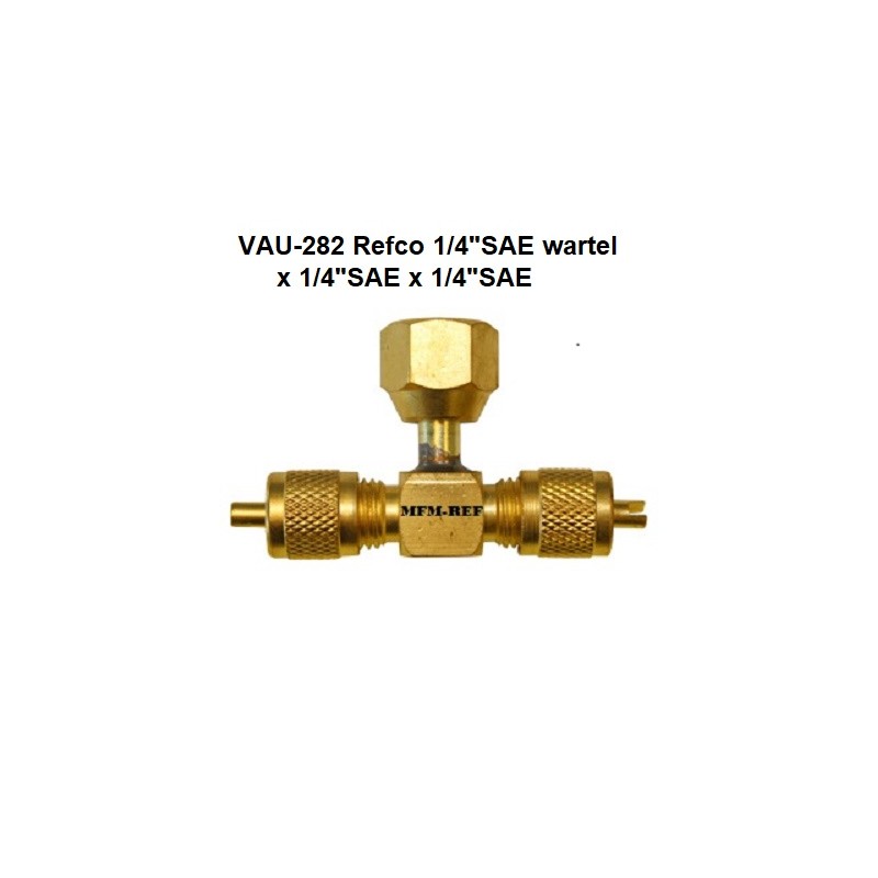 VAU-282 Refco Schrader valve T piece, 1/4SAE Swivel x 1/4SAE x 1/4SAE
