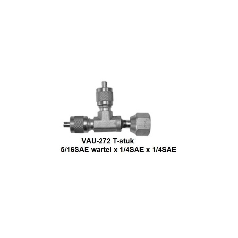 VAU-272 Schrader valve T piece 5/16 SAE swivel x 1/4SAE x 1/4SAE